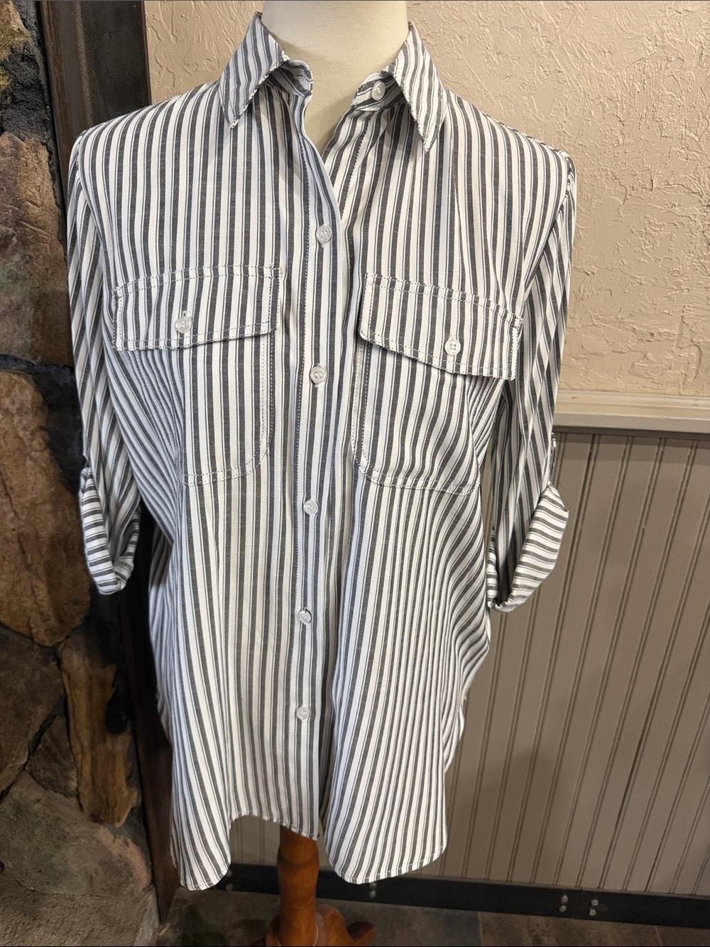 Max Studio Women's Vertical Striped Button-Down Shirt in White & Gray